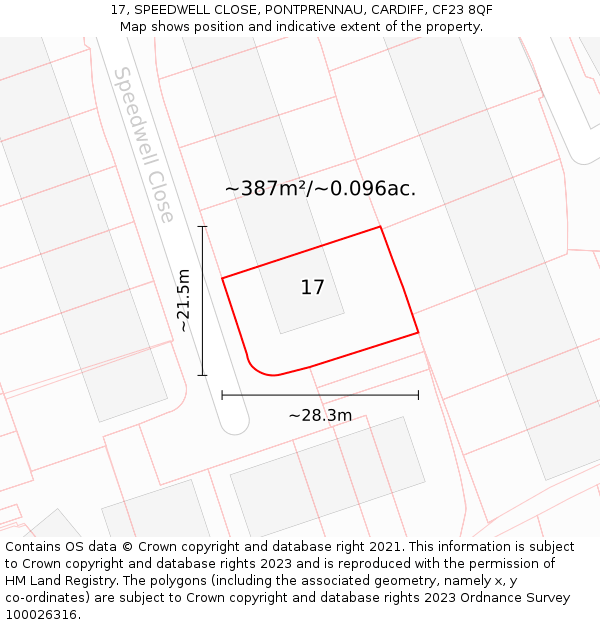 17, SPEEDWELL CLOSE, PONTPRENNAU, CARDIFF, CF23 8QF: Plot and title map