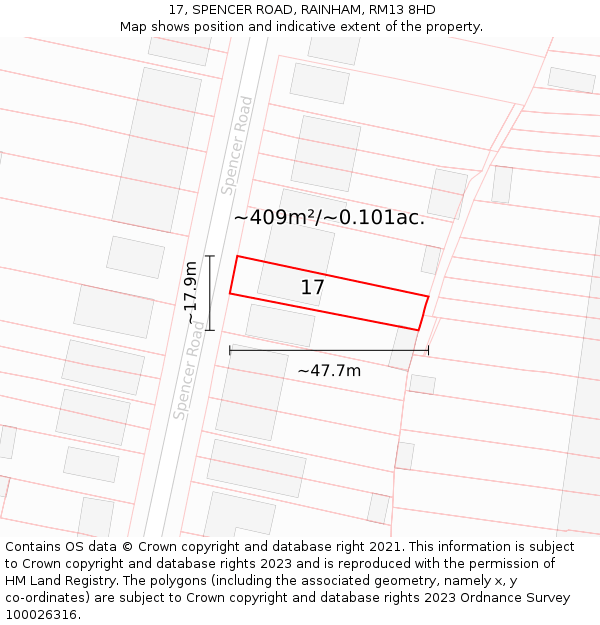 17, SPENCER ROAD, RAINHAM, RM13 8HD: Plot and title map