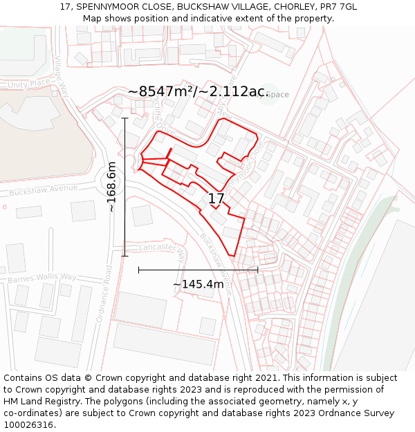 17, SPENNYMOOR CLOSE, BUCKSHAW VILLAGE, CHORLEY, PR7 7GL: Plot and title map