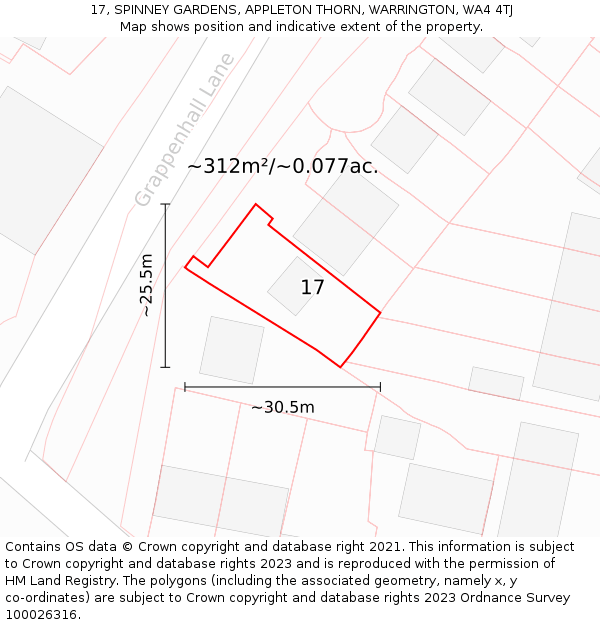17, SPINNEY GARDENS, APPLETON THORN, WARRINGTON, WA4 4TJ: Plot and title map
