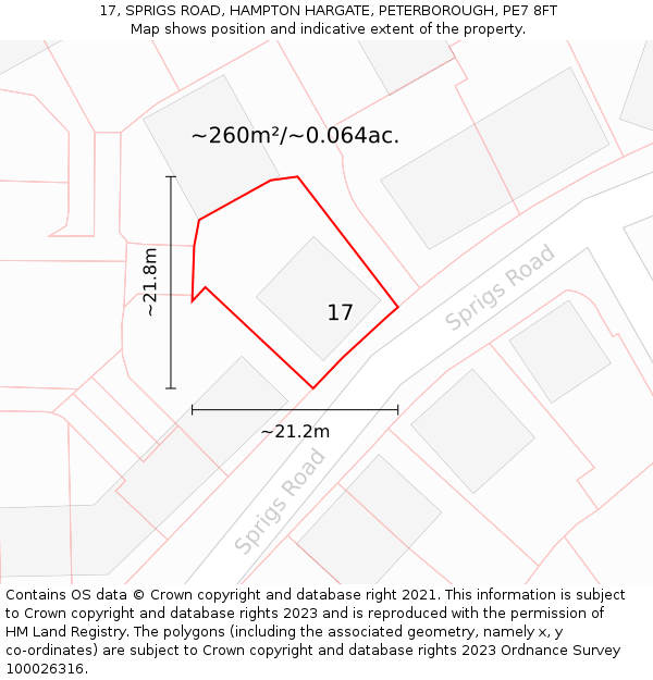17, SPRIGS ROAD, HAMPTON HARGATE, PETERBOROUGH, PE7 8FT: Plot and title map