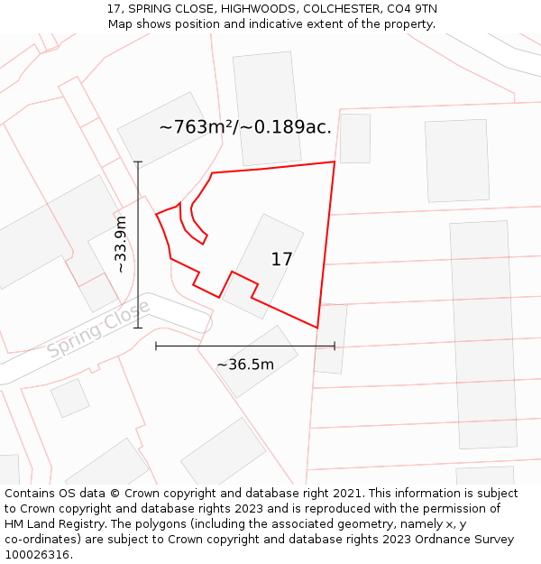 17, SPRING CLOSE, HIGHWOODS, COLCHESTER, CO4 9TN: Plot and title map