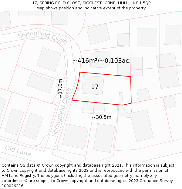17, SPRING FIELD CLOSE, SIGGLESTHORNE, HULL, HU11 5QP: Plot and title map