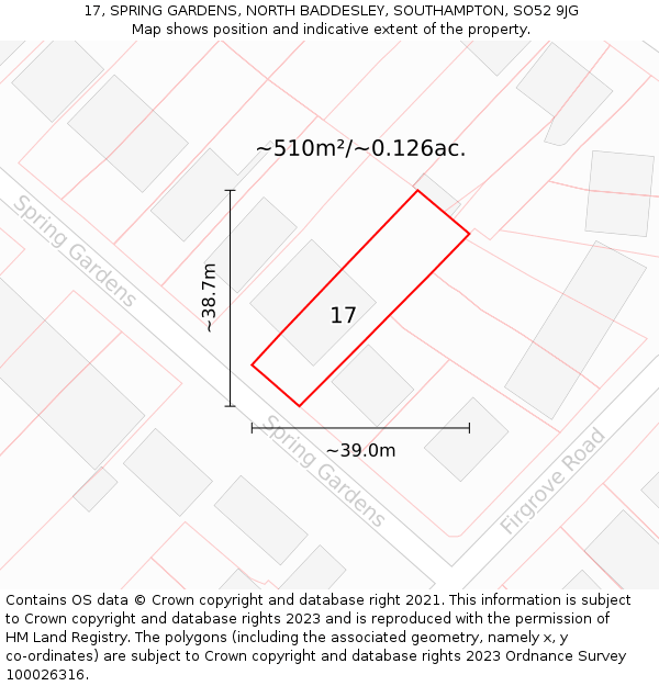 17, SPRING GARDENS, NORTH BADDESLEY, SOUTHAMPTON, SO52 9JG: Plot and title map