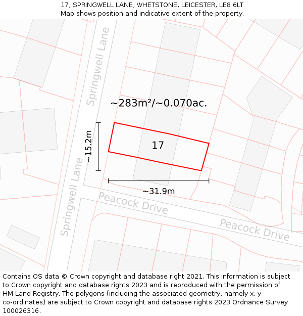 17, SPRINGWELL LANE, WHETSTONE, LEICESTER, LE8 6LT: Plot and title map