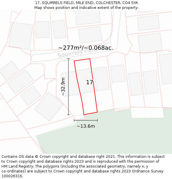 17, SQUIRRELS FIELD, MILE END, COLCHESTER, CO4 5YA: Plot and title map