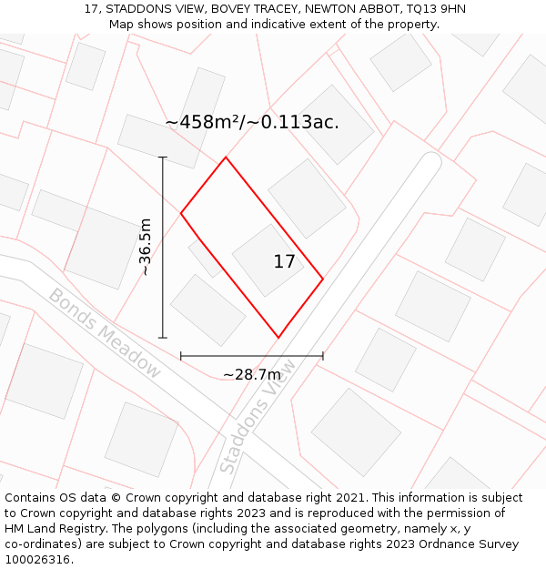 17, STADDONS VIEW, BOVEY TRACEY, NEWTON ABBOT, TQ13 9HN: Plot and title map