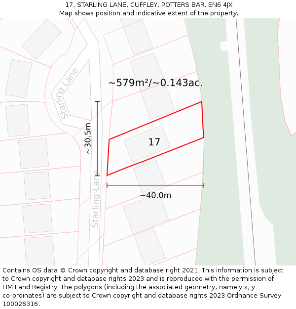 17, STARLING LANE, CUFFLEY, POTTERS BAR, EN6 4JX: Plot and title map