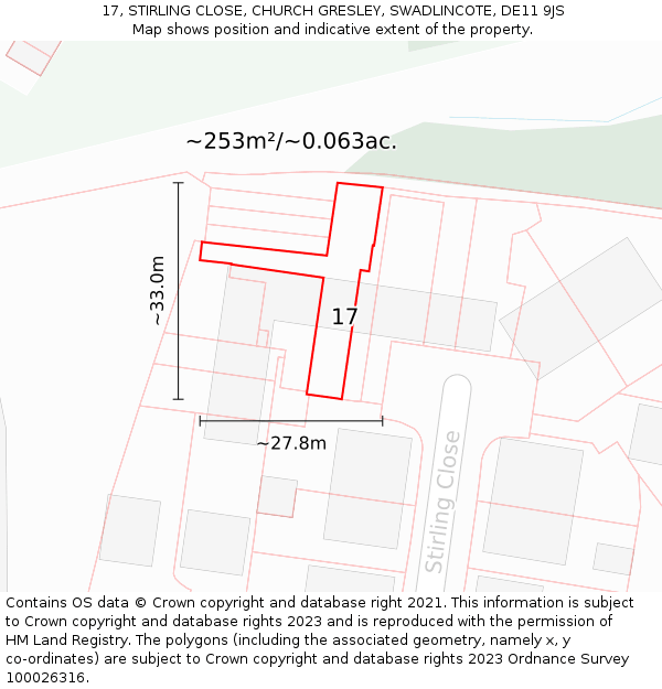 17, STIRLING CLOSE, CHURCH GRESLEY, SWADLINCOTE, DE11 9JS: Plot and title map