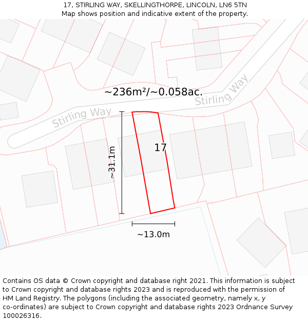 17, STIRLING WAY, SKELLINGTHORPE, LINCOLN, LN6 5TN: Plot and title map