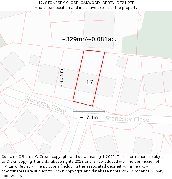 17, STONESBY CLOSE, OAKWOOD, DERBY, DE21 2EB: Plot and title map