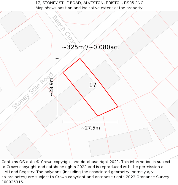 17, STONEY STILE ROAD, ALVESTON, BRISTOL, BS35 3NG: Plot and title map