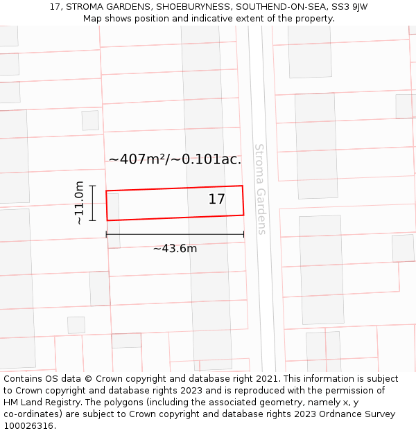 17, STROMA GARDENS, SHOEBURYNESS, SOUTHEND-ON-SEA, SS3 9JW: Plot and title map