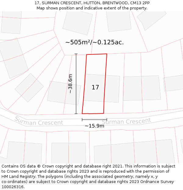 17, SURMAN CRESCENT, HUTTON, BRENTWOOD, CM13 2PP: Plot and title map