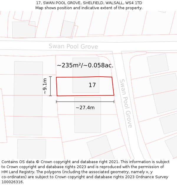 17, SWAN POOL GROVE, SHELFIELD, WALSALL, WS4 1TD: Plot and title map