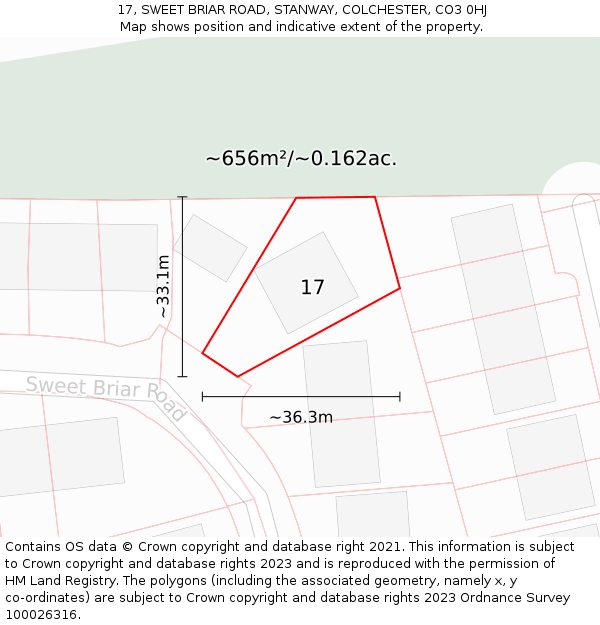17, SWEET BRIAR ROAD, STANWAY, COLCHESTER, CO3 0HJ: Plot and title map