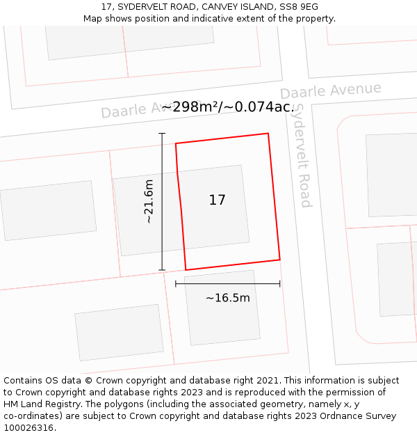 17, SYDERVELT ROAD, CANVEY ISLAND, SS8 9EG: Plot and title map