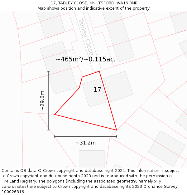 17, TABLEY CLOSE, KNUTSFORD, WA16 0NP: Plot and title map