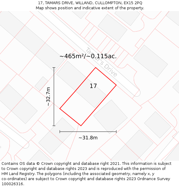 17, TAMARS DRIVE, WILLAND, CULLOMPTON, EX15 2PQ: Plot and title map