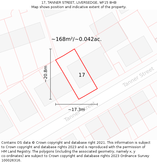 17, TANNER STREET, LIVERSEDGE, WF15 8HB: Plot and title map