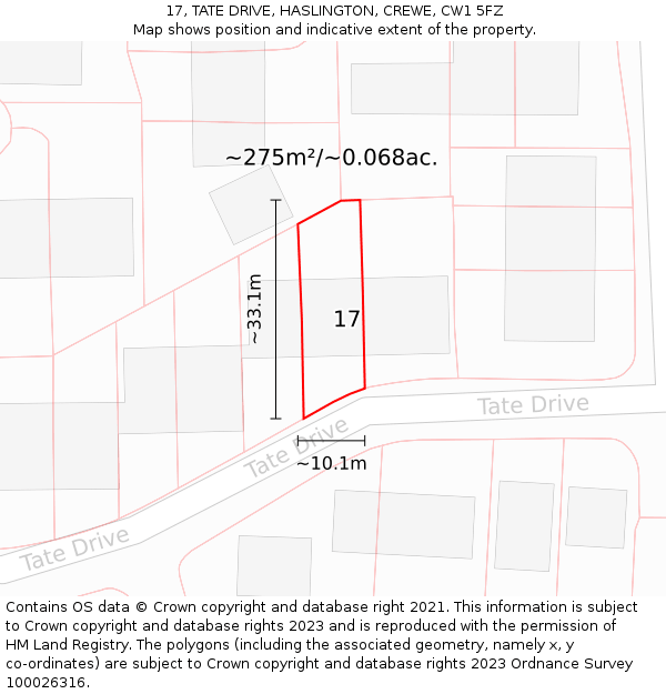 17, TATE DRIVE, HASLINGTON, CREWE, CW1 5FZ: Plot and title map