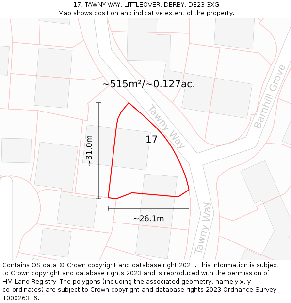 17, TAWNY WAY, LITTLEOVER, DERBY, DE23 3XG: Plot and title map