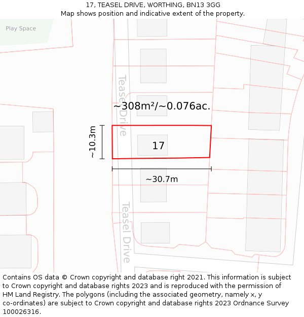 17, TEASEL DRIVE, WORTHING, BN13 3GG: Plot and title map