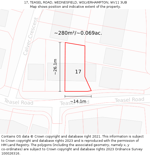 17, TEASEL ROAD, WEDNESFIELD, WOLVERHAMPTON, WV11 3UB: Plot and title map