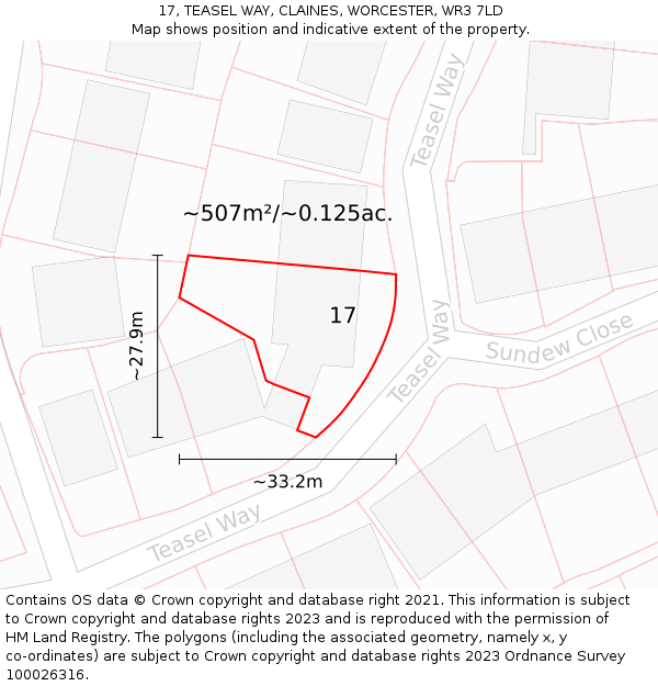17, TEASEL WAY, CLAINES, WORCESTER, WR3 7LD: Plot and title map