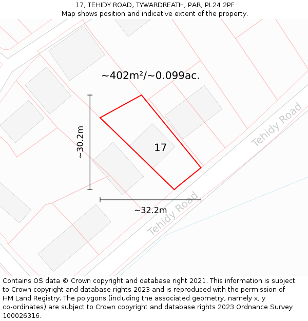 17, TEHIDY ROAD, TYWARDREATH, PAR, PL24 2PF: Plot and title map