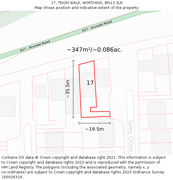 17, TEIGN WALK, WORTHING, BN13 3LR: Plot and title map