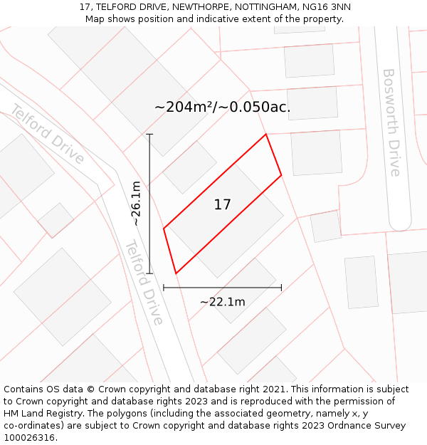 17, TELFORD DRIVE, NEWTHORPE, NOTTINGHAM, NG16 3NN: Plot and title map