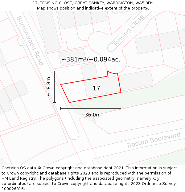 17, TENSING CLOSE, GREAT SANKEY, WARRINGTON, WA5 8FN: Plot and title map