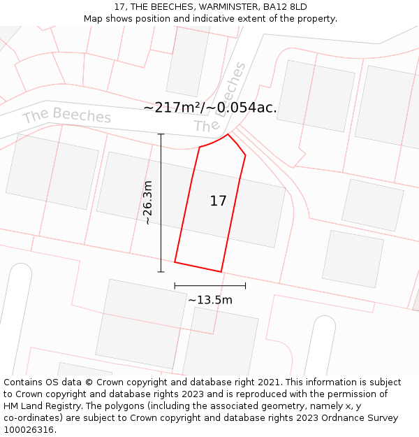 17, THE BEECHES, WARMINSTER, BA12 8LD: Plot and title map