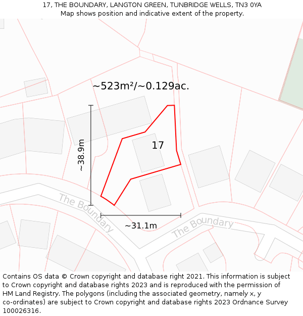 17, THE BOUNDARY, LANGTON GREEN, TUNBRIDGE WELLS, TN3 0YA: Plot and title map