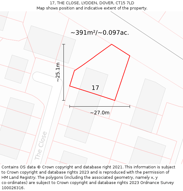 17, THE CLOSE, LYDDEN, DOVER, CT15 7LD: Plot and title map