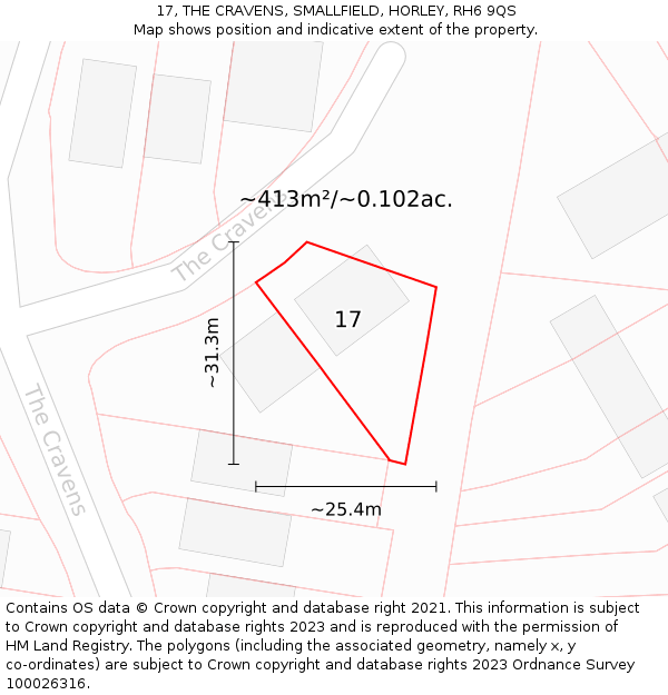 17, THE CRAVENS, SMALLFIELD, HORLEY, RH6 9QS: Plot and title map