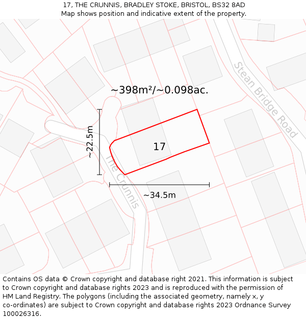 17, THE CRUNNIS, BRADLEY STOKE, BRISTOL, BS32 8AD: Plot and title map