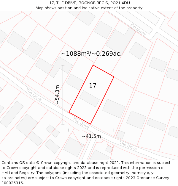 17, THE DRIVE, BOGNOR REGIS, PO21 4DU: Plot and title map