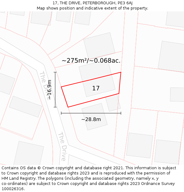 17, THE DRIVE, PETERBOROUGH, PE3 6AJ: Plot and title map