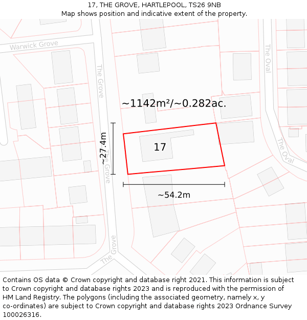 17, THE GROVE, HARTLEPOOL, TS26 9NB: Plot and title map
