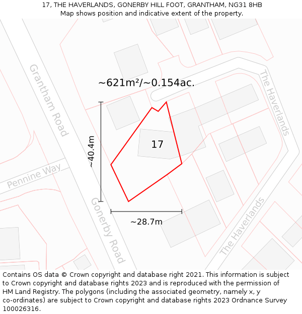 17, THE HAVERLANDS, GONERBY HILL FOOT, GRANTHAM, NG31 8HB: Plot and title map