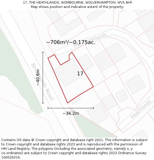 17, THE HEATHLANDS, WOMBOURNE, WOLVERHAMPTON, WV5 8HF: Plot and title map