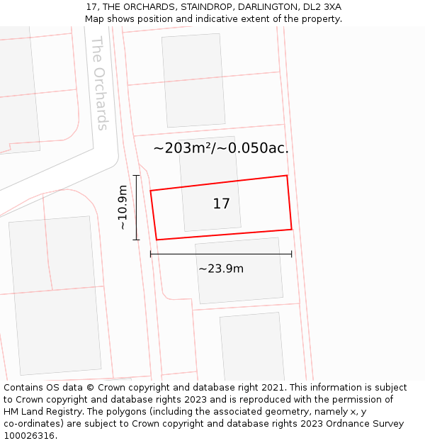 17, THE ORCHARDS, STAINDROP, DARLINGTON, DL2 3XA: Plot and title map