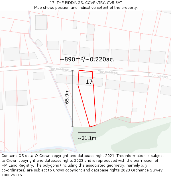 17, THE RIDDINGS, COVENTRY, CV5 6AT: Plot and title map
