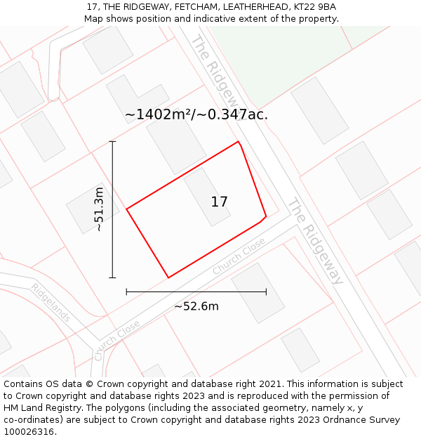 17, THE RIDGEWAY, FETCHAM, LEATHERHEAD, KT22 9BA: Plot and title map