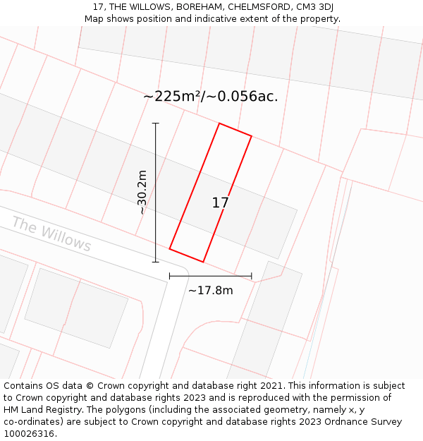 17, THE WILLOWS, BOREHAM, CHELMSFORD, CM3 3DJ: Plot and title map
