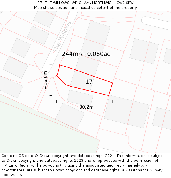 17, THE WILLOWS, WINCHAM, NORTHWICH, CW9 6PW: Plot and title map