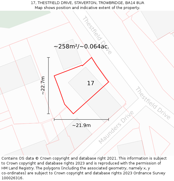17, THESTFIELD DRIVE, STAVERTON, TROWBRIDGE, BA14 8UA: Plot and title map