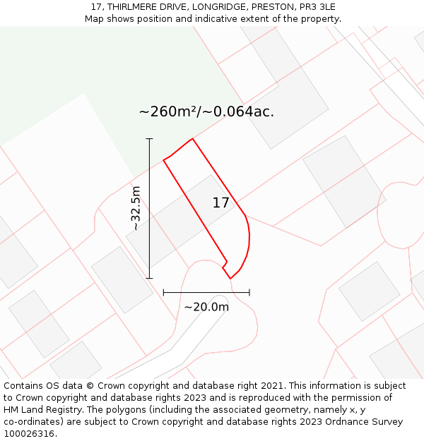 17, THIRLMERE DRIVE, LONGRIDGE, PRESTON, PR3 3LE: Plot and title map